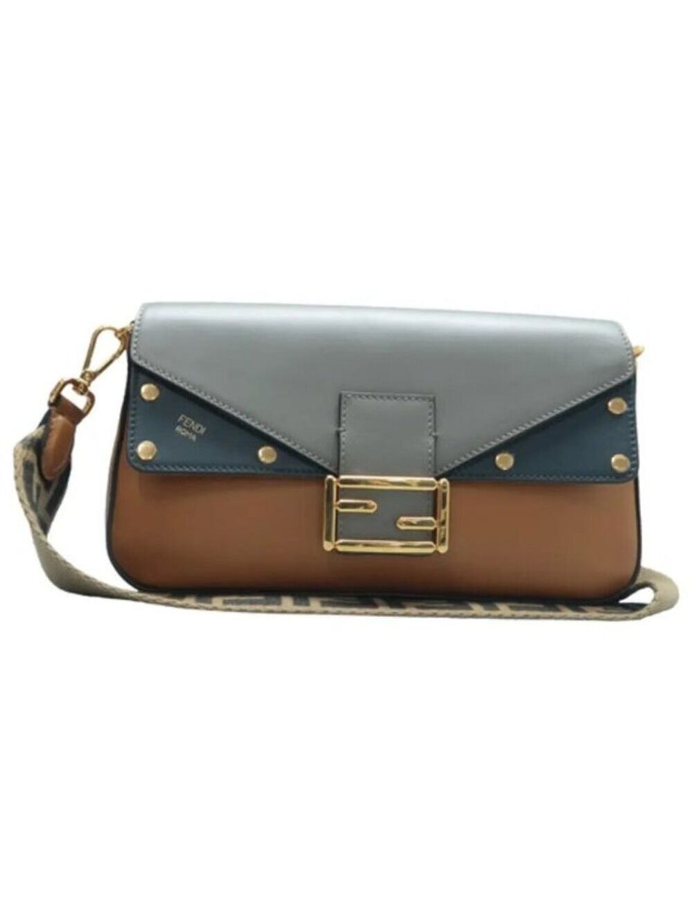 FENDI Brown&Grey&Blue Leather Shoulder Bag 1393-061425